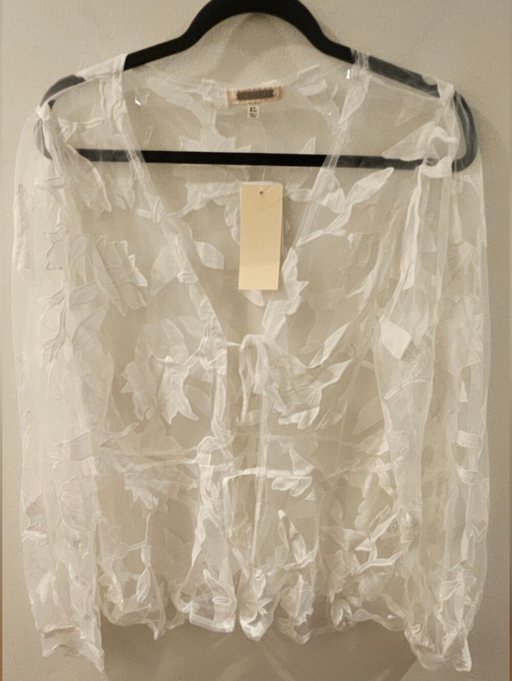Amber Skies Sheer Floral Blouse XL Long Sleeve Tie Front Boho Shirt NWT